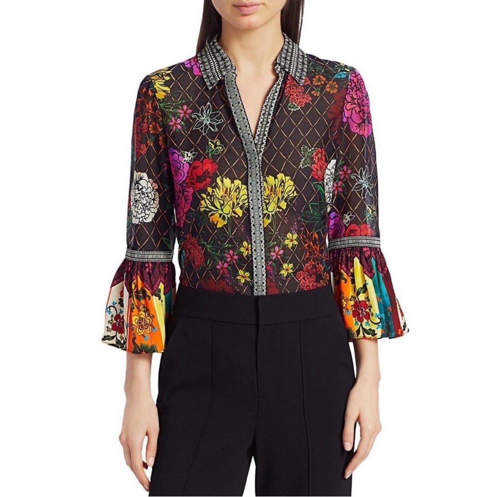 Alice + Olivia Black Multicolor Floral Blouse
